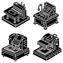 Poster - Isometric illustrations depicting four distinct industrial machines in a black and white style