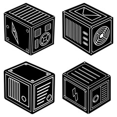 Poster - Isometric illustration of four black and white power supply units with various designs and details present