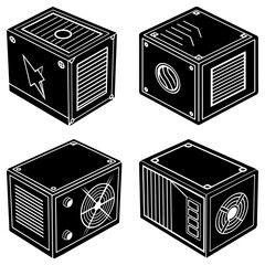 Poster - Isometric view of four black boxes with various designs and ventilation features in a vector illustration