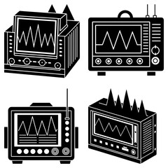 Poster - Illustration of four black and white oscilloscopes displaying waveforms and various control elements