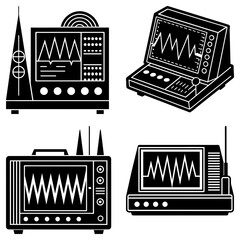 Poster - Illustration of four retro oscilloscopes with various screens and controls in black and white color scheme