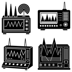 Poster - Four black and white oscilloscope devices displaying waveforms and antenna signals in a vector graphic