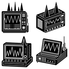 Poster - Illustration of four black and white oscilloscopes displaying waveform patterns in varying styles