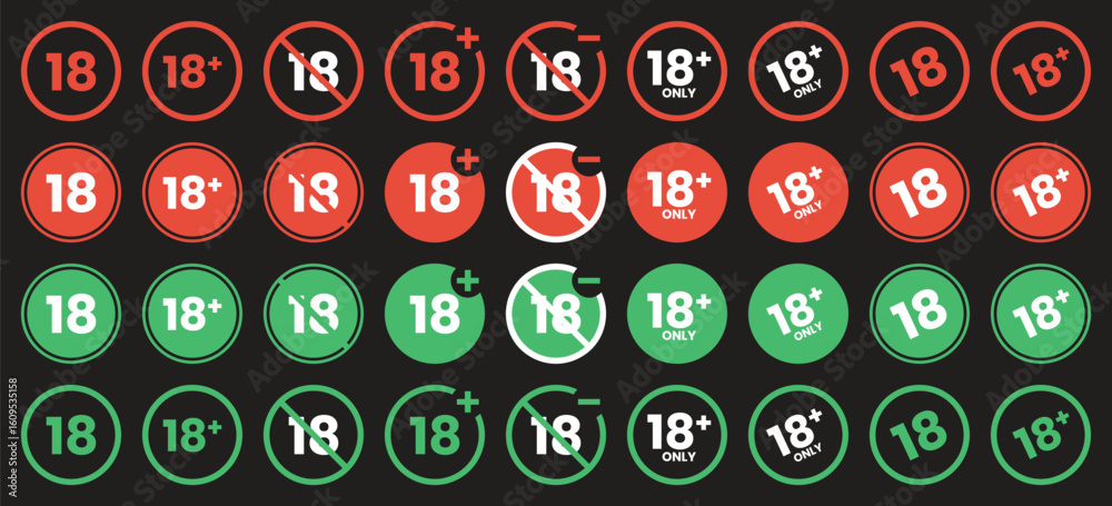 18+ Plus Age Restriction Icon Set, Under 18 Years Old Prohibited Sign ...
