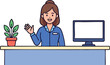 © Fathurrahman - Woman at desk waving, with a computer monitor and potted plant, smiling.
