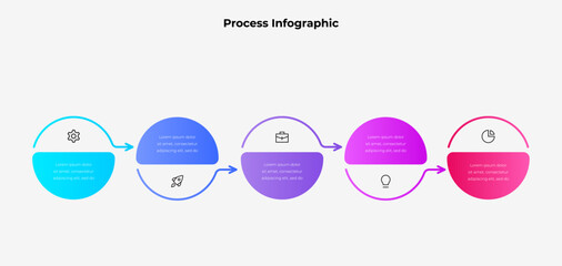 Fototapete - A visually appealing process infographic using gradient color schemes, demonstrating workflow or business processes with five steps and distinct icons for clear communication