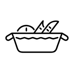 Poster - Outline drawing of a rectangular baking dish filled with bread and a round loaf on white background