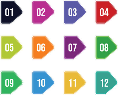 Multi colored bullet icon set design on white background
