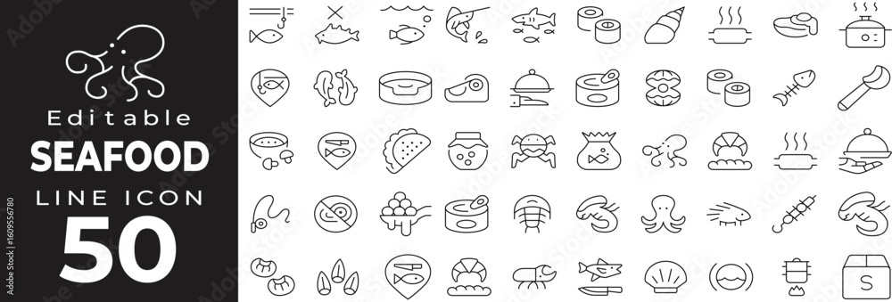 Seafood and fish set of web icons in line style. Restaurant and marine ...