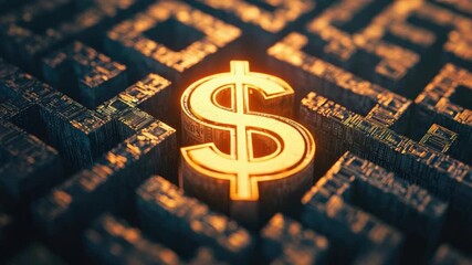 Poster - Illuminated Dollar Sign Amidst a Complex Maze of Digital Patterns Representing Financial Technology and Innovation 4k video footage