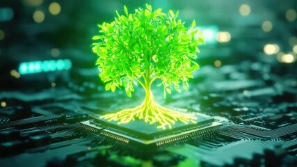 Poster - Futuristic Tree Growing from Microchip Surrounded by Digital Circuits and Green Lights 4k video footage