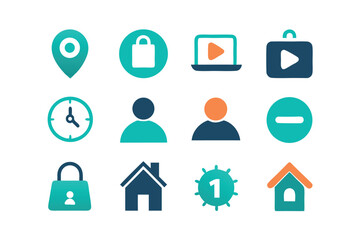 Poster - Vector art of collection of colorful flat design icons representing pin, bag, play, and clock
