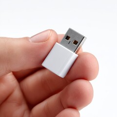 Poster - A hand holding a small, generic USB drive, isolated on a pure white background. Data, storage.