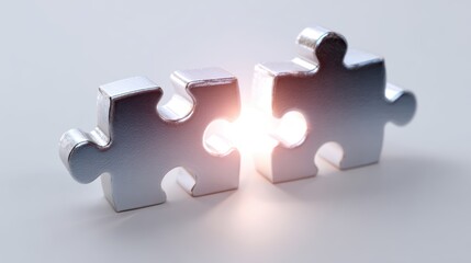 Poster - A conceptual image of a bridge made of light connecting two abstract puzzle pieces, isolated on a pure white background. Connecting ideas, problem-solving bridge.