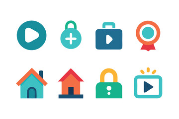 Poster - Vector art of collection of colorful flat design icons representing play, lock, briefcase, and house