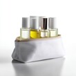 © KASUEMA SALAE - A generic white travel size toiletry kit empty bottles, isolated on a pure white background. Personal care, convenience.