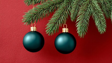 Wall Mural - two shiny green christmas ornaments are hanging from a tree branch, creating a festive and joyful at