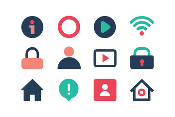 Poster - Vector art of collection of colorful flat design icons representing info, play, wifi, and lock