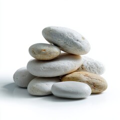 Poster - A neatly arranged pile of smooth, flat white beach stones, isolated on a pure white background. Calm, coastal.