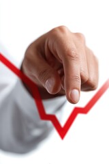 Poster - A human hand pointing at a downward-trending red financial chart, isolated on a pure white background. Analysis, decline, warning.