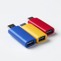 Poster - A set of three colorful, generic USB-A hubs, isolated on a pure white background. Connectivity, expansion.