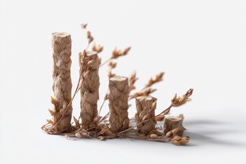 Poster - A conceptual image of a declining bar chart made of brown withered plants, isolated on a pure white background. Unsustainable decline, environmental impact.