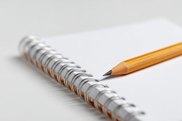 Poster - A blank spiral notebook with a plain wooden pencil, isolated on a clean white background. Ideas, writing.