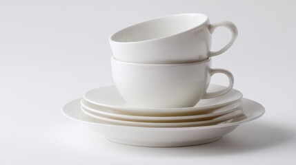 Poster - A set of minimalist white teacups and saucers, stacked, isolated on a pure white background. Tableware, tea time.
