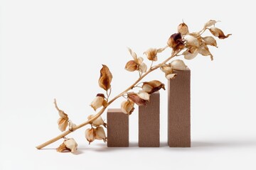 Poster - A conceptual image of a declining bar chart made of brown withered plants, isolated on a pure white background. Unsustainable decline, environmental impact.