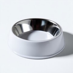Poster - A plain white pet food bowl empty, isolated on a pure white background. Pet care, feeding.