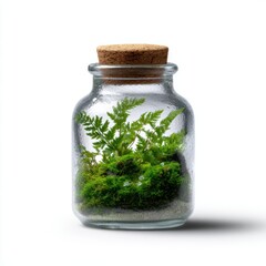 Poster - A small, clear glass jar with a miniaturized forest growing inside, isolated on a pure white background. Ecosystem, nature encapsulated.