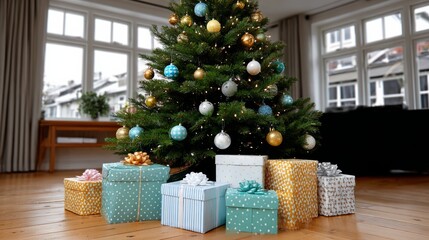 Wall Mural - christmas tree with many ornaments and gifts underneath it. scene is festive and joyful