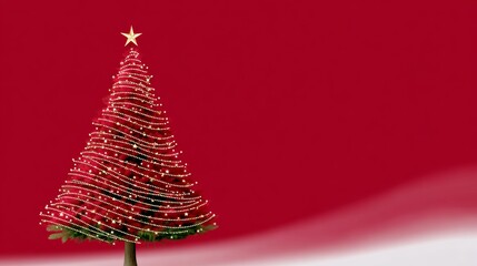 Wall Mural - red christmas tree with a star on top is lit up with lights. the tree is surrounded by a red backgro