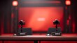 © Blur Bokeh - blurred image of a podcast and live broadcast hybrid studio with desk-mounted cameras, studio monitors, and control panels under red ambient glow