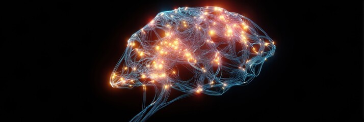 Poster - Tangled Wires and Glowing LEDs Form a Brain in Dark Space With Minimal Ambient Light Highlighting Intricate Connections