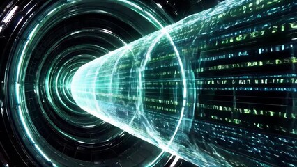 Poster - Futuristic tunnel featuring glowing digital data stream showcasing high speed digital transfer, cutting edge technology, and innovative design with vibrant light effects and sci fi high tech