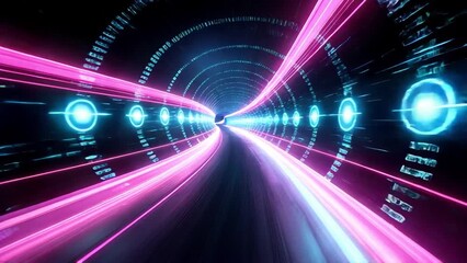 Poster - Futuristic tunnel with glowing neon lights, digital elements, and dynamic motion creating high tech sci fi atmosphere emphasizing speed, advanced technology, and energetic energy mesmerizing high