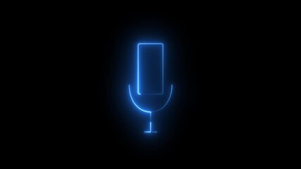 Neon glowing line microphone icon isolated on black background..