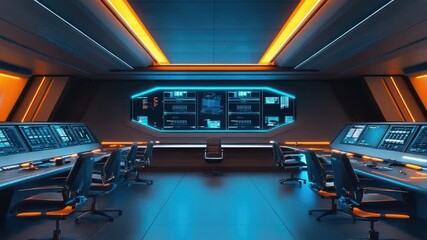 Poster - Futuristic control room with advanced technology and sleek design, illuminated with blue and orange lighting effects 4k video footage