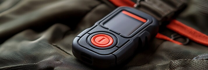 A compact handheld GPS device with a screen and buttons rests on a textured fabric surface, likely outdoor gear.