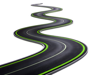 a winding asphalt road with green and white lines, curving into the distance on a transparent backgr