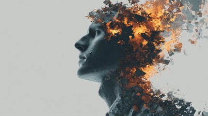 Poster - 3D Floating Head With Augmented Reality Effects Showcasing Abstract Transformation in a Clean Background Environment