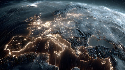 Poster - Europe-focused digital Earth view with glowing connection lines symbolizing global data exchange.