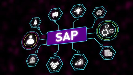 Poster - SAP Business Software System Animated Graphic Modern Technology Network Data Analysis Finance. SAP Business Software Animation. ERP System And Data Network Driving Corporate Growth Strategy.