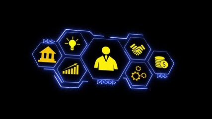 Poster - Businessman Icon Network Fintech Hexagon Animation Loop Abstract Corporate Finance Technology. Businessman Icon Animation With Neon Hexagon Network. Fintech Growth And Digital Strategy Loop.
