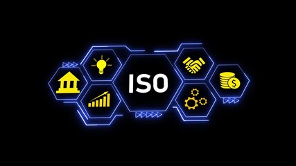 Poster - Neon I S O Hexagon Technology Animation Abstract Background Futuristic Digital Interface Design. ISO Hexagon Neon Animation Loop. Futuristic Technology Interface With Digital Blue Light.