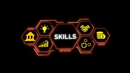 Poster - Skills Development Hexagon Network Animation Abstract Technology Background Orange Neon Glowing. Skills Development Hexagon Animation. Glowing Orange Network Shows Growth And Success.