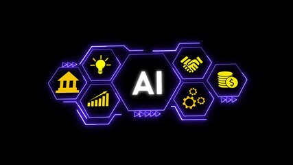 Poster - Futuristic A I Technology Hexagon Network Interface Animation Digital Innovation Growth Finance. AI Technology Hexagon Animation. Digital Interface Shows Innovation And Global Finance Growth.