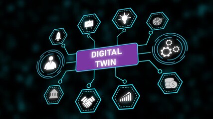 Poster - Digital Twin Technology Innovation Business Network Growth Strategy Planning Success Finance. Digital Twin Technology Animation. Business Growth Strategy With Data Visualization Loop.