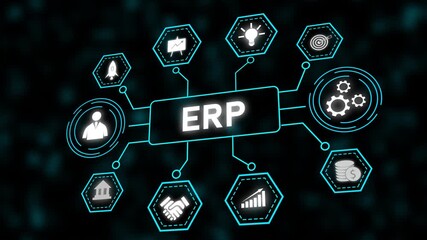 Poster - Enterprise Resource Planning E R P System Business Technology Animation Abstract Network Data. ERP System Business Animation. Digital Transformation With Growth Strategy And Collaboration.
